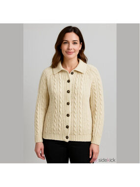 Cream cable fisherman cardigan Large womens handknit neutral Classic